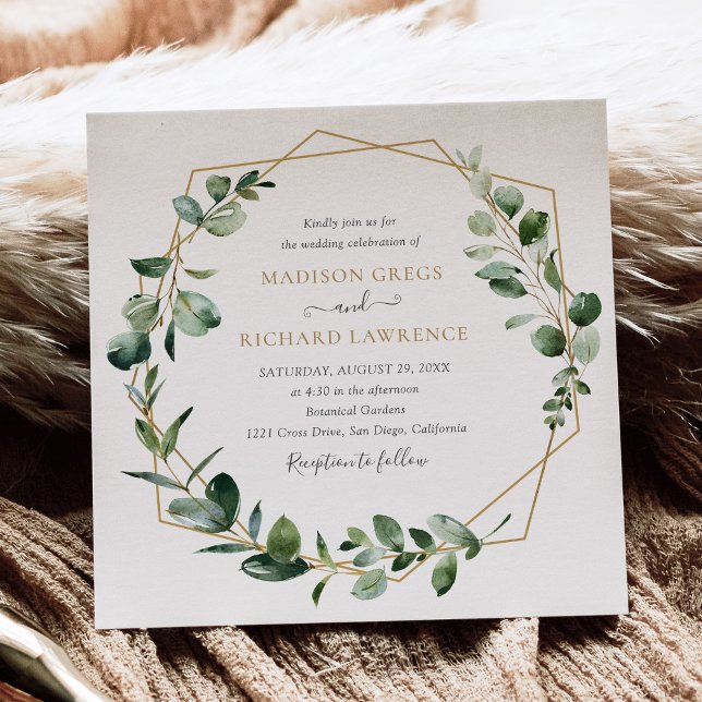 Invitación Elegante Greenery Gold Geométrico Frame Boda (Subido por el creador)