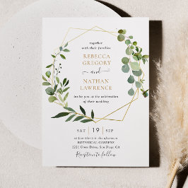 Invitación Elegante Greenery Gold Geométrico Frame Boda
