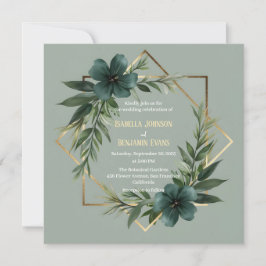 Invitación Elegante Greenery Gold Geométrico Frame Boda