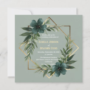 Invitación Elegante Greenery Gold Geométrico Frame Boda