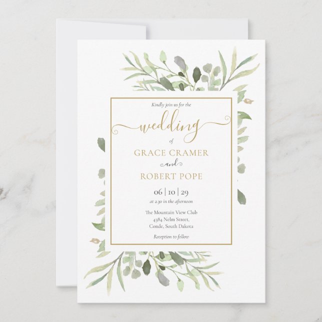 Invitación Elegante Greenery Gold Geométrico Script Boda (Anverso)