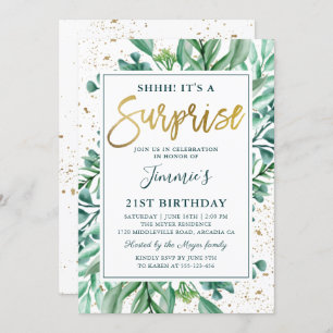 Invitación Elegante Greenery Gold Purpurina Sorpresa Cumpleañ