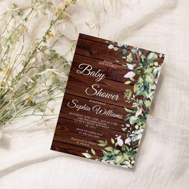 Invitación Elegante Greenery Rustic Wood Baby Shower (Subido por el creador)