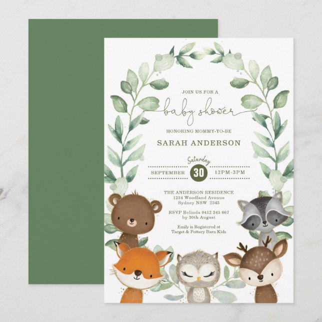 Invitación Elegante Greenery Woodland Animals Baby Shower (Anverso / Reverso)