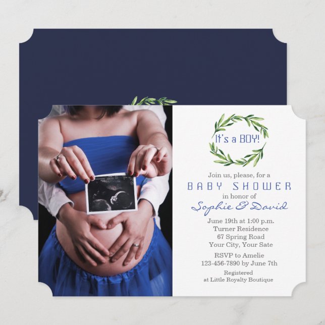 Invitación Elegante Greenery Wreath Photo Boy Baby Shower (Anverso / Reverso)