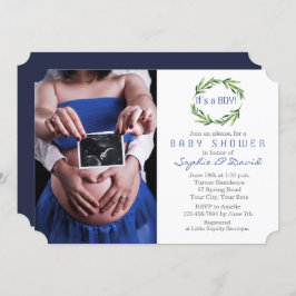 Invitación Elegante Greenery Wreath Photo Boy Baby Shower