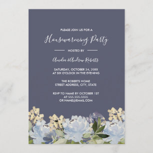 Invitación Elegante Gris Azul Floral Casa Calentamiento