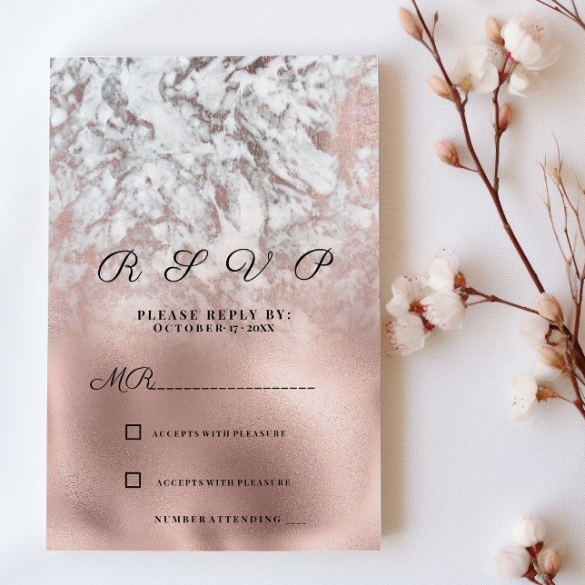 Invitación Elegante gris blanco rosa de mármol dorado RSVP (Elegant gray white rose gold marble RSVP)