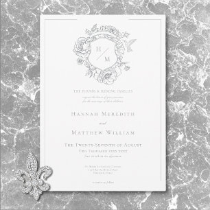 Invitación Elegante Gris Chinoiserie Pájaro y Escudo de Armas