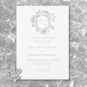 Invitación Elegante Gris Chinoiserie Pájaro y Escudo de Armas