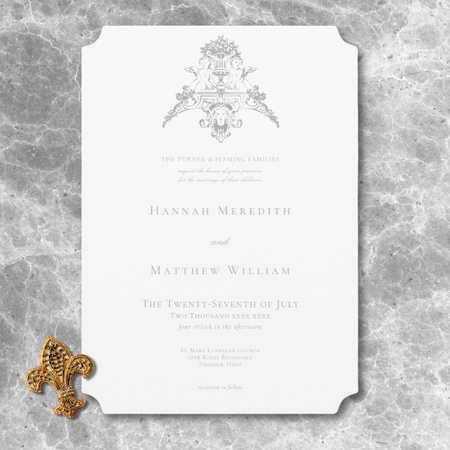 Invitación Elegante Gris claro Chinoiserie Cherub Boda (Elegant Light Gray Chinoiserie Cherub Wedding Invitation)