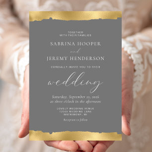 Invitación Elegante gris con borde dorado desgarrado