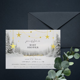 Invitación Elegante Gris Dorado Bosque Invernal Baby Shower