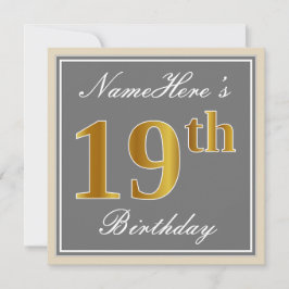 Invitación Elegante, Gris, Dorado Falso Cumpleaños 19 + Nombr