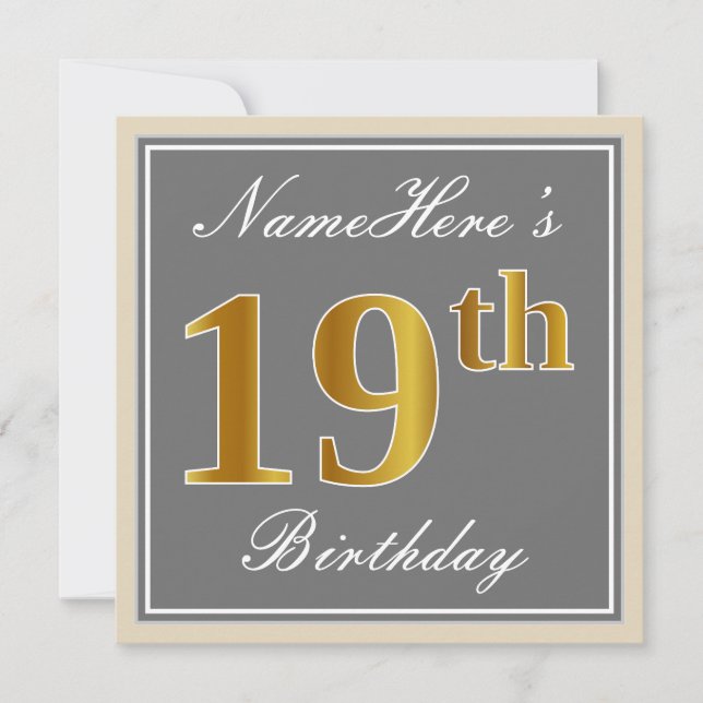 Invitación Elegante, Gris, Dorado Falso Cumpleaños 19 + Nombr (Anverso)