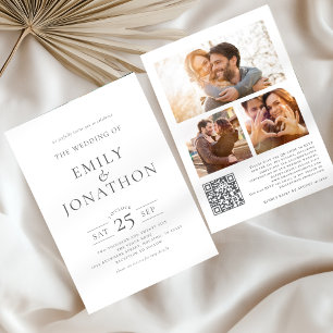 Invitación Elegante Gris Escribiendo 3 Fotos Boda de código Q
