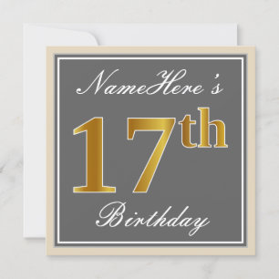 Invitación Elegante, gris, falso oro 17 cumpleaños + nombre