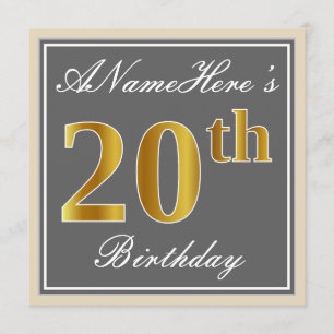 Invitación Elegante, gris, falso oro 20 cumpleaños + nombre