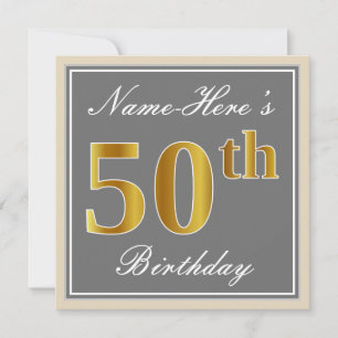 Invitación Elegante, gris, falso oro 50 cumpleaños + nombre