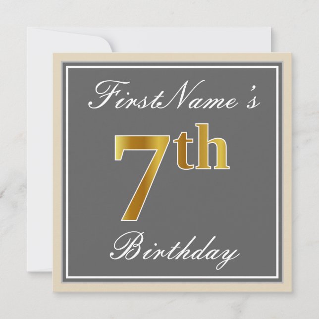 Invitación Elegante, gris, falso oro 7 cumpleaños; nombre per (Anverso)