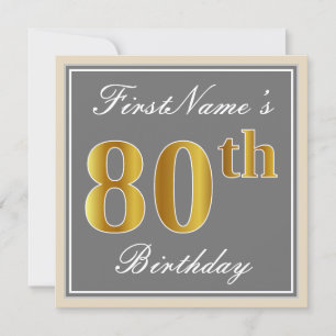Invitación Elegante, gris, falso oro 80 cumpleaños + nombre