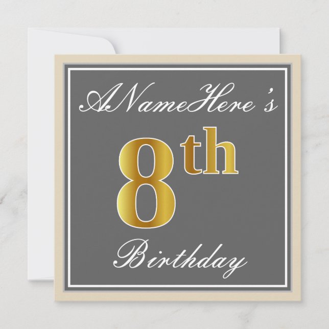 Invitación Elegante, gris, falso oro 8 cumpleaños; nombre per (Anverso)