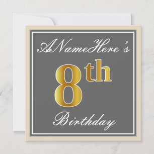 Invitación Elegante, gris, falso oro 8 cumpleaños; nombre per