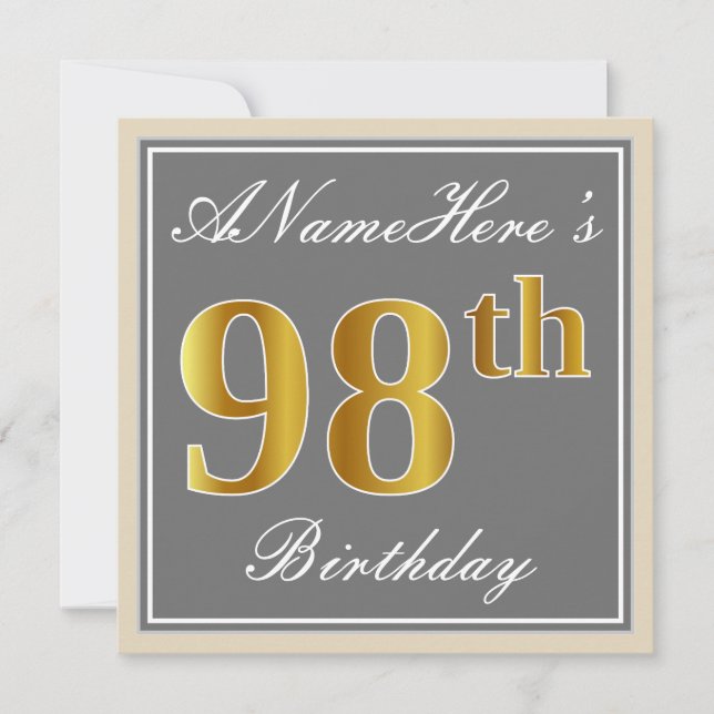 Invitación Elegante, gris, falso oro 98º cumpleaños + nombre (Anverso)
