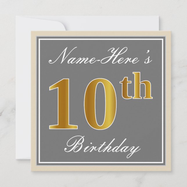 Invitación Elegante, gris, falso oro Cumpleaños 10 + Nombre (Anverso)