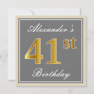Invitación Elegante, gris, falso oro Cumpleaños 41 + nombre