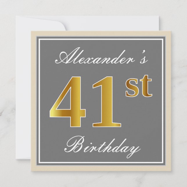 Invitación Elegante, gris, falso oro Cumpleaños 41 + nombre (Anverso)
