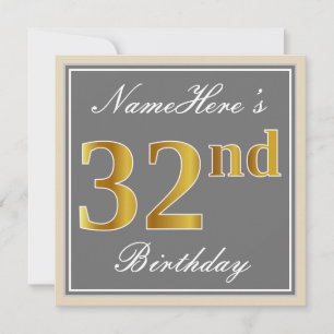 Invitación Elegante, gris, falso oro Cumpleaños número 32 + n