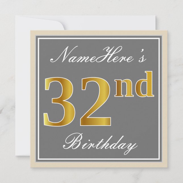Invitación Elegante, gris, falso oro Cumpleaños número 32 + n (Anverso)