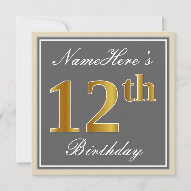 Invitación Elegante, Gris, Faux Gold 12 cumpleaños + nombre (Anverso)