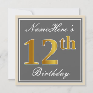Invitación Elegante, Gris, Faux Gold 12 cumpleaños + nombre