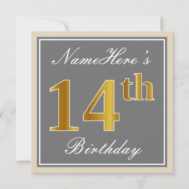 Invitación Elegante, Gris, Faux Gold 14th Birthday + Nombre (Anverso)