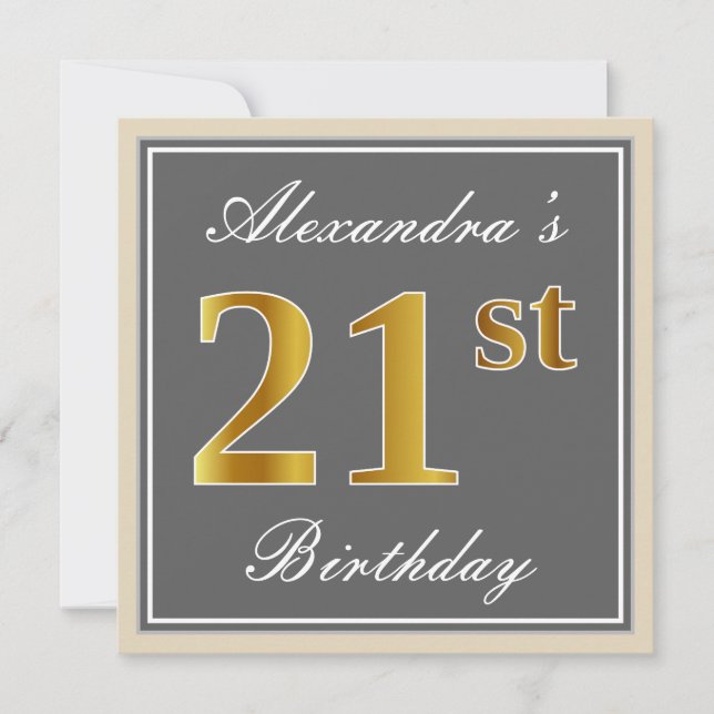 Invitación Elegante, Gris, Faux Gold 21st Birthday + Nombre (Anverso)