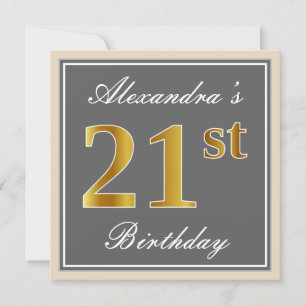 Invitación Elegante, Gris, Faux Gold 21st Birthday + Nombre