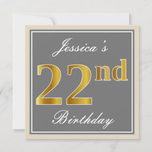 Invitación Elegante, Gris, Faux Gold 22 cumpleaños + nombre