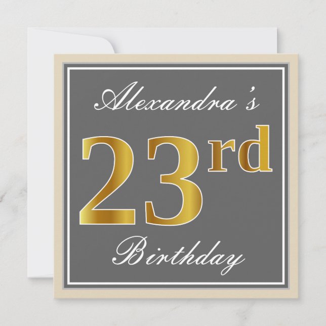 Invitación Elegante, Gris, Faux Gold 23 cumpleaños + nombre (Anverso)