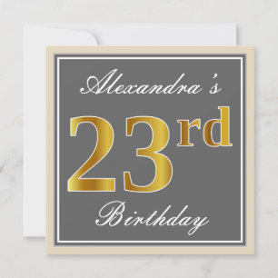 Invitación Elegante, Gris, Faux Gold 23 cumpleaños + nombre