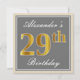 Invitación Elegante, Gris, Faux Gold 29th Birthday + Nombre