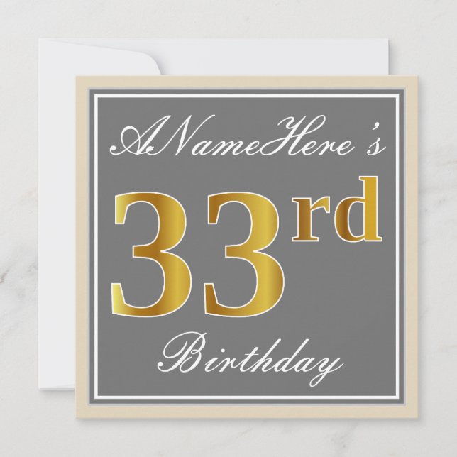 Invitación Elegante, Gris, Faux Gold 33 cumpleaños + nombre (Anverso)