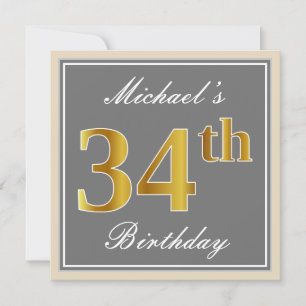 Invitación Elegante, Gris, Faux Gold 34th Birthday + Nombre