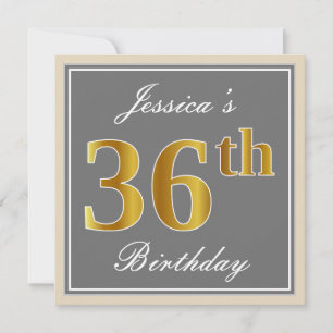 Invitación Elegante, Gris, Faux Gold 36 cumpleaños + nombre