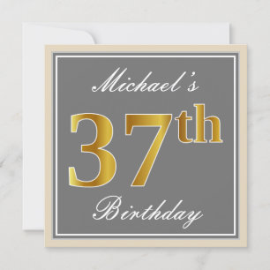 Invitación Elegante, Gris, Faux Gold 37 cumpleaños + nombre