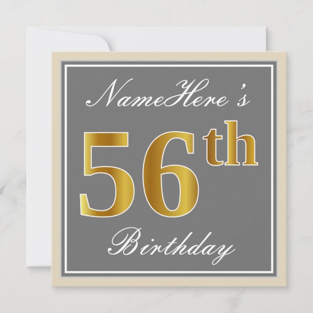 Invitación Elegante, Gris, Faux Gold 56th Birthday + Nombre (Anverso)