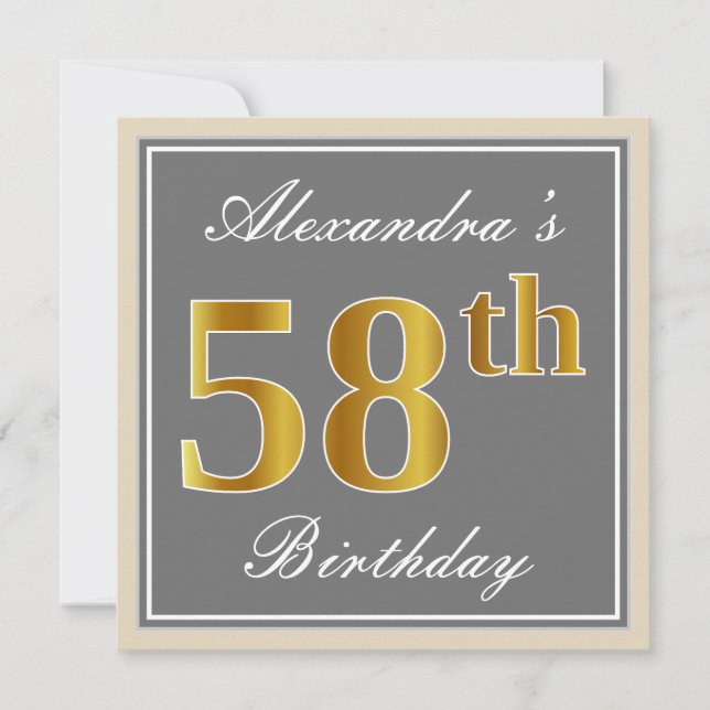 Invitación Elegante, Gris, Faux Gold 58th Birthday + Nombre (Anverso)