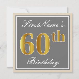 Invitación Elegante, Gris, Faux Gold 60 cumpleaños + nombre