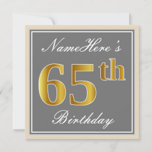 Invitación Elegante, Gris, Faux Gold 65th Birthday + Nombre